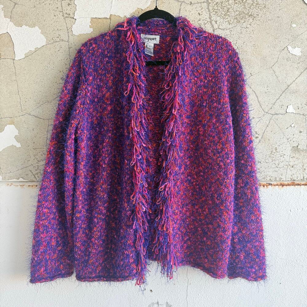 Vtg Fringe Cardigan Boucle Sweater Womens L 90s Knit Maximalist Jacket Hong Kong